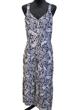 Loft Paisley Midi Dress Navy White Button Front Sleeveless Womens Size 6